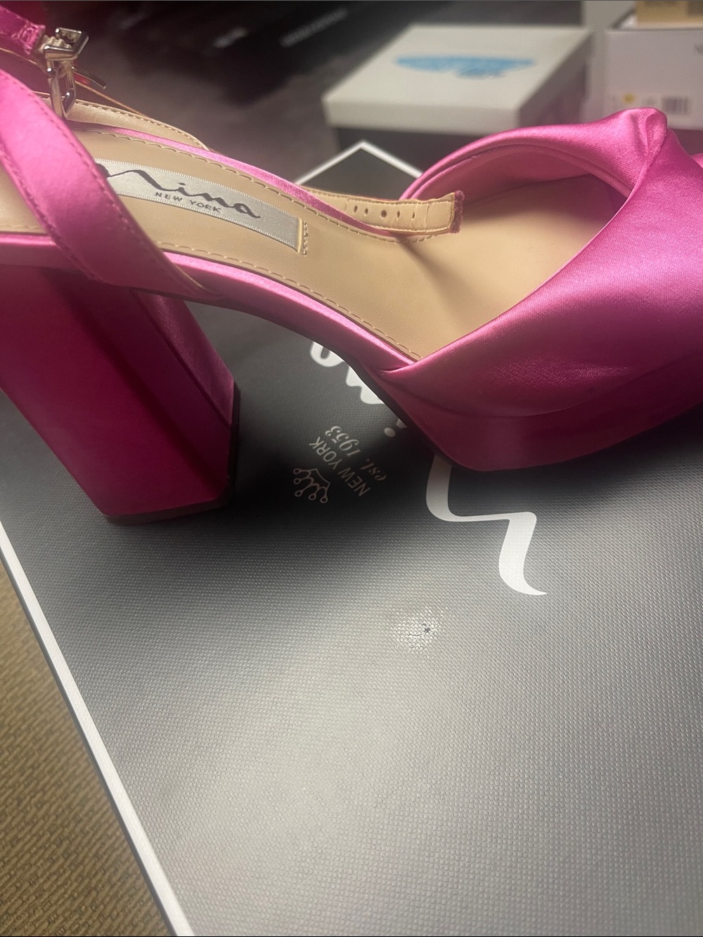 Nina Satin Hot Pink Block Heel Sandal with Ankle Strap - Picture 3 of 4